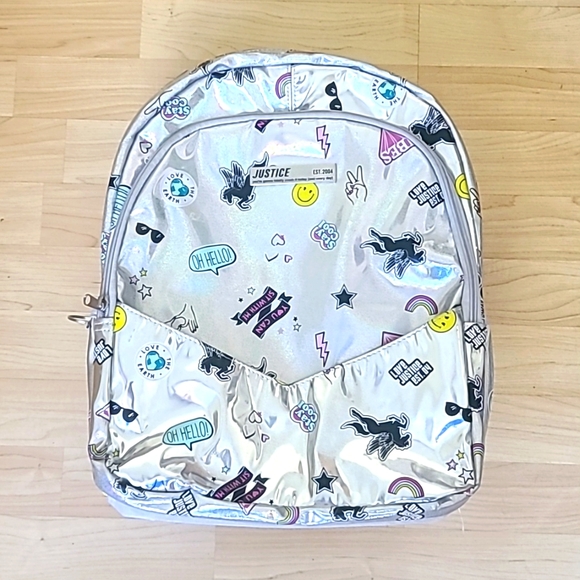 Justice Girls Backpack Bookbag Holo Sticker Silver 16"×12" - Picture 1 of 10